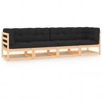 Juego de muebles de jardín 4 piezas con cojines en madera de pino maciza