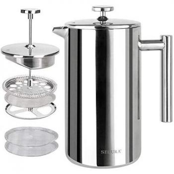 Secura Cafetière French Press Coffee Maker, Stainless Steel Insulated Coffee Press with 3-Layered Stainless Steel Filter Structure, Included 2 Extra Screens, 1.5 Litre, Silver