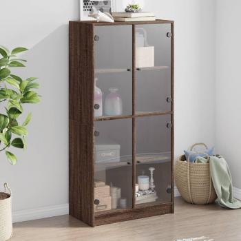 Aparador alto de madera multicapa con puertas en color roble marrón, dimensiones 68x37x142 cm