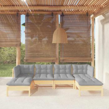 6-Piece Pinewood Garden Lounge Set with Grey Cushions