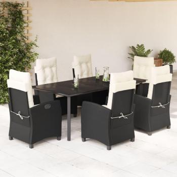7-Piece Black Poly Rattan Garden Dining Set with Cushions