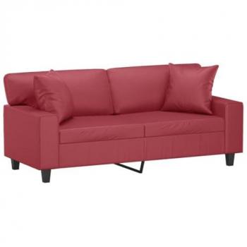 Sofá de 2 plazas con cojines de cuero sintético rojo tinto 140 cm, asiento con respaldo y reposabrazos, tapizado para televisión, ideal para salón