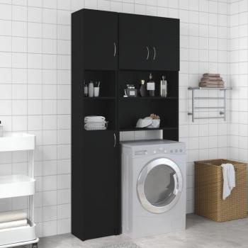 Mueble para lavadora de madera de ingeniería negro con características de diseño moderno y funcionalidad, ideal para espacios reducidos