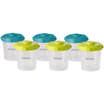 BÉABA Juego de 6 Tarritos de Conservación, Recipientes apilables y con clip, 100 % herméticos con Graduación, Congelación, 6x200 ml, Azul/Amarillo