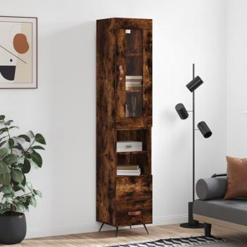 Aparador de madera contrachapada roble ahumado 34,5x34x180 cm con 2 cajones y 2 estantes, mueble de almacenaje para salón, buffet y armario auxiliar