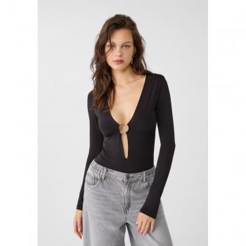 Stradivarius Black Long Sleeve Bodysuit with Ring XL