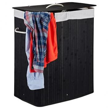 Cesto de Ropa Sucia Plegable de Bambú con Tapa y 2 Compartimentos, 95 L, Negro