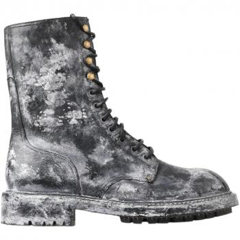 Dolce & Gabbana Black Gray Leather Mid Calf Lace-up Boots Shoes - EU39.5/US6.5