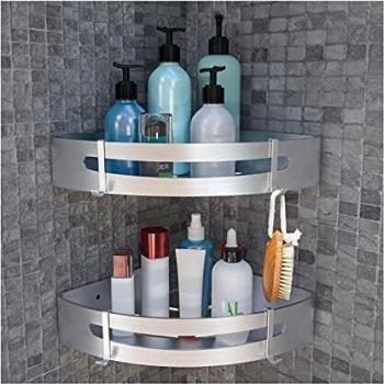 Magicfun Estantería de Esquina para Baño Estantes Cesta para Ducha Autoadhesivo Cesta Triangular de Pared Aluminio Con 4 ganchos, Acabado Mate, 2 piezas