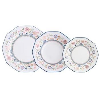 Vajilla Cerámica Queen's Bengal 12 Piezas - 4 Personas Blanco Decorado Apilable y Apto para Microondas