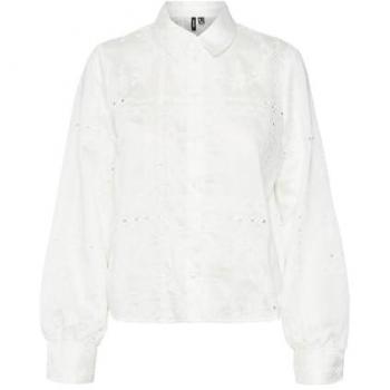 Camisa troquelada de mujer Vero Moda con bordados, modelo Maya, blusa de manga larga en color blanco nieve