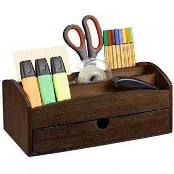 Organizador de Escritorio de Bambú con Compartimentos y Cajón, Marrón Oscuro, 11 x 27.5 x 15 cm