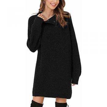 Woolen Bloom Mujeres Vestido Jersey Invierno Cuello Alto con Botón Vestido de Punto Suéter Ajustado Cuello Chaqueta para Mujer Fiesta Negocios