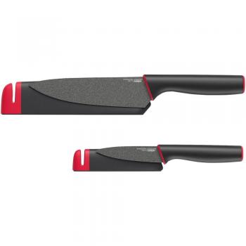 Set de 2 cuchillos de cocina Joseph Joseph Slice&Sharpen con afilador integrado, incluye cuchillo chef de 15 cm y cuchillo pelador de 9 cm, color negro y rojo