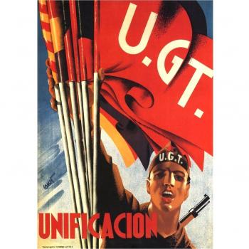 Póster vintage de propaganda de la guerra civil española con texto en inglés Unification