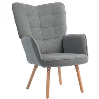 Sillón de Salón Moderno Butaca de Dormitorio con Respaldo Alto Reposabrazos Tela de Lino y Patas de Madera 71x76x101 cm Gris