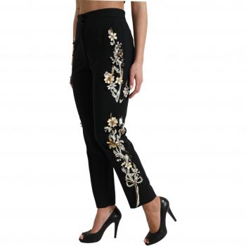 Dolce & Gabbana Elegant High Waist Floral Tapered Pants - IT40|S, Slim-fit Trousers, female, Black, Size: XS Floral Embroidered Tapered Pants