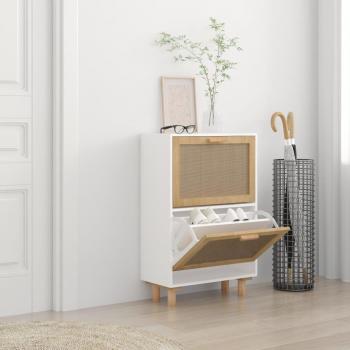 Zapatero de Madera Contrachapada con Ratán Natural, Estantería para Zapatos, Color Blanco, Marrón y Negro, Dimensiones 52x25x80 cm