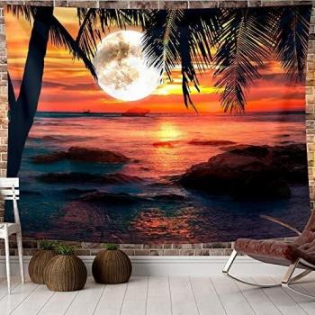 Océano Mar Atardecer Tapiz árbol de coco Tapiz para colgar en la pared Tapiz psicodélico Trippy Arte de la pared Decoración para el hogar Ropa de cama Colcha Toalla de Playa Grande 150x130 cm