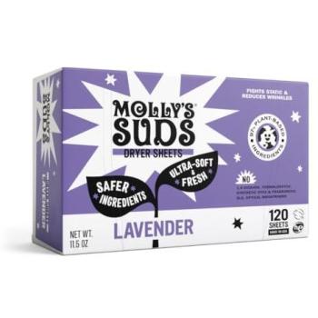 Hojas Suavizantes para Secadora Molly's Suds, Lavanda, 120 Hojas, Para Piel Sensible, Reductor de Electricidad Estática de Origen Vegetal, Envase Sin Plástico
