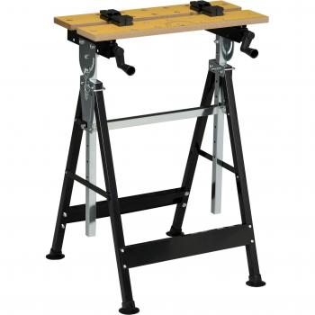 Banco de Trabajo Ajustable en Altura HOMCOM con 4 Clavijas Giratorias y Tableros Ajustables en Ángulo y Distancia, Dimensiones 65x57x85-114 cm, Material Madera Natural y Negro