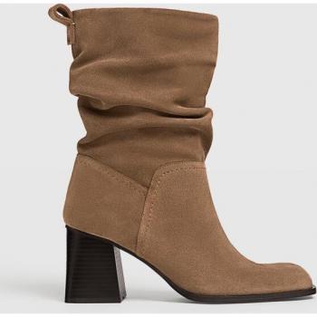 Stradivarius High-heel leather slouchy ankle boots in TAN