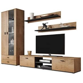 Conjunto de salón Charlotte E115 - Muebles de aglomerado laminado y vidrio, color Lefkas roble y negro, 192 x 43 cm, incluye mesa de TV y partes separadas