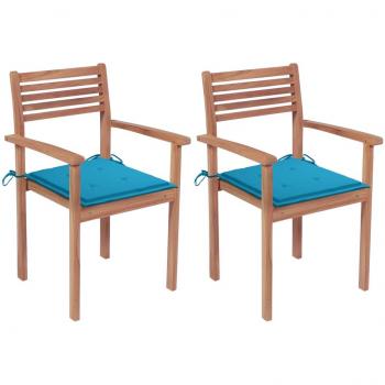 Sillas de jardín 2 uds madera maciza de teca con cojines azules
