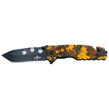 Navaja de seguridad táctica asistida Third K2801CYL, Mango de Aluminio con recubrimiento camuflaje amarillo y Hoja de Acero 420 de 10.2 cm, con cutter para cinturón de seguridad y punta rompevidrio
