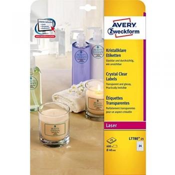 Etiquetas Transparentes AVERY Zweckform L7780-25, Ø 40 mm, 600 etiquetas, Autoadhesivas, Brillantes, para Impresora Láser