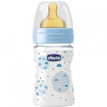 Chicco Wellbeing - Biberón de 150 ml con Tetina de Látex, Flujo Normal para Bebés desde el Nacimiento, Color Azul