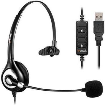 Wantek Auriculares USB Mono con Micrófono con Cancelación de Ruido y Controles en Línea, Cascos Business UC para Skype, Softphone, Centros de Llamadas, Voz Cristalina, Ultra Cómodo
