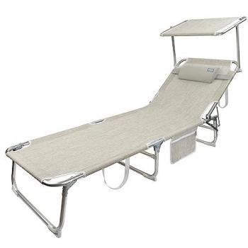 Tumbona plegable de playa Aktive con parasol y cojín, dimensiones 188 x 58 x 30 cm, color beige, fabricada en aluminio, capacidad máxima de peso 110 kg, reclinable en 3 posiciones