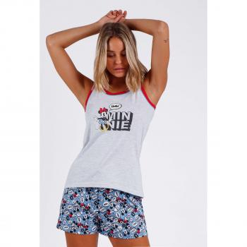 Pijama sin mangas Hello Mickey gris de Disney para mujer, con cuello redondo y dibujo frontal