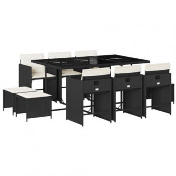 Set de Comedor Jardín 11 Pzas con Cojines Ratán Sintético Negro