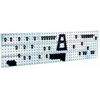 Panel Perforado Raaco x 3 con 44 Super Clips - Organizador de Herramientas, Capacidad de 225 kg, Dimensiones 1560 x 440 mm