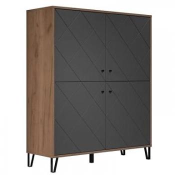 Aparador alto Montez de 4 puertas en color gris y roble, H136 cm, 123 x 40 cm