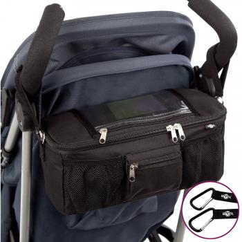 Bolsa organizadora para cochecito o silla de paseo de BTR con bolsillo / soporte para el teléfono móvil y cubierta IMPERMEABLE con cierre de cremallera. CON 2 ganchos para cochecito GRATUITOS. Un accesorio indispensable para cochecitos y sillas de paseo