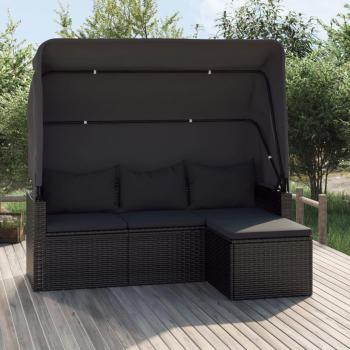 Sofá Jardín 3 Asientos con Techo y Reposapiés Negro Polyrattan