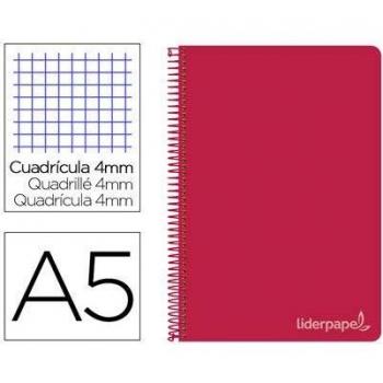 Cuaderno espiral liderpapel cuarto witty tapa dura 80h 75gr cuadro 4mm con margen color rojo.