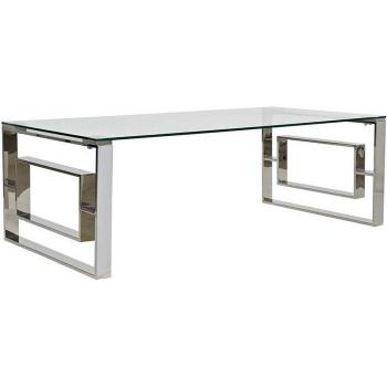 Mesa de centro elegante con estructura de acero y superficie de cristal, medidas 120x60x40 cm