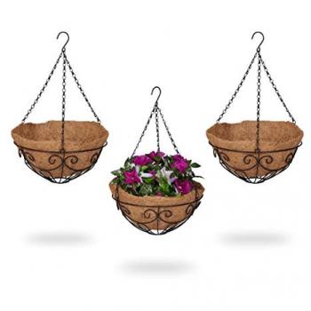 Set de 3 Macetas Colgantes de Coco y Metal, 48x31 cm, para Plantas Suspendidas, Uso Interior y Exterior, Color Marrón/Negro