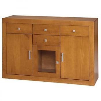 Aparador 3 Puertas y 4 Cajones de Madera de Pino Maciza en Color Cerezo Claro, Medidas: 86x130x42 cm (Alto/Ancho/Fondo)