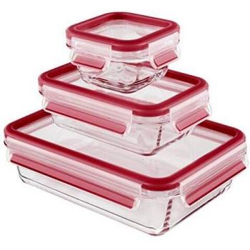 Emsa Clip & Close Set de 3 Conservadores Hermético de Cristal de borosilicato de 0,2 L 0,5 L y 1,3 L, higiénico, no retiene olores ni sabores 100% Libre de BPA, Transparente/Rojo, 17.5x17x24 cm