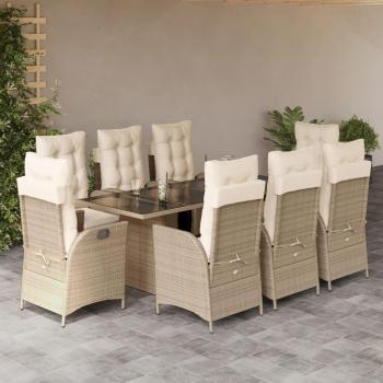 9-Piece Beige Poly Rattan Garden Dining Set with Cushions
