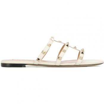 Valentino Garavani Women's Rockstud Leather Flat Sandals, White, Size 37 (7 1/2 US)