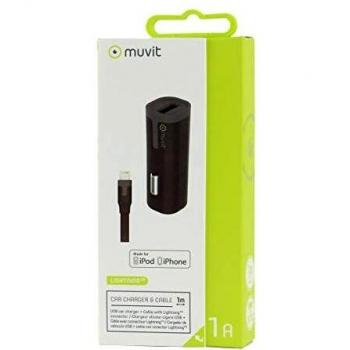 muvit pack cargador coche USB 1A negro + Cable USBLightning MFI 1m negro