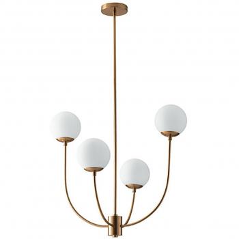 Lámpara colgante Themys de latón con 4 luces, altura ajustable de 60 a 175 cm, pantalla de ópalo y casquillo E14