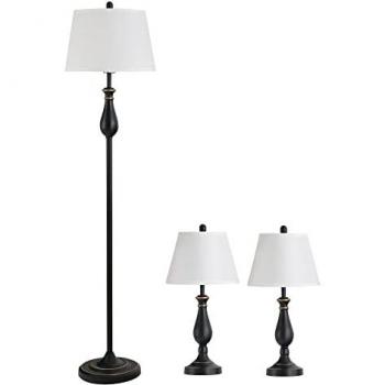 Set de 3 lámparas vintage: 2 lámparas de mesa y 1 lámpara de pie, negro y blanco, metal y textil E27
