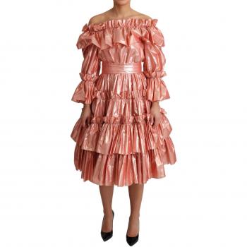 Dolce & Gabbana Pink Ruffled Silk Cotton Gown Dress - IT36|XXS, A-line, Long Sleeve, Party Dress with Metallic Accents